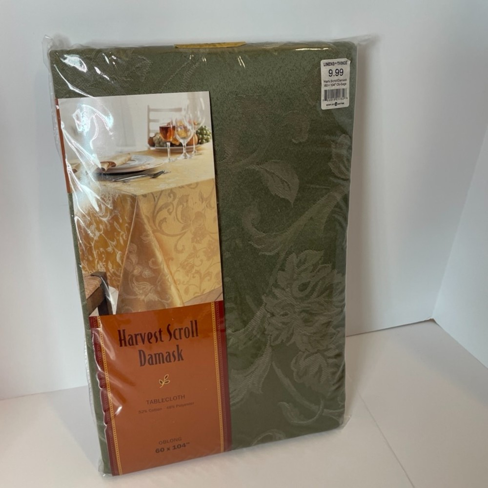 Linens-N-Things Harvest Scroll Damask Tablecloth Sage 60 x 104 New Vintage